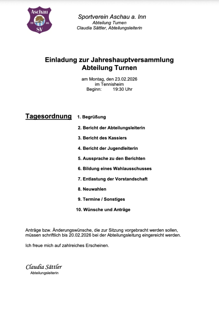 Turnen Jahreshauptversammlung 2026